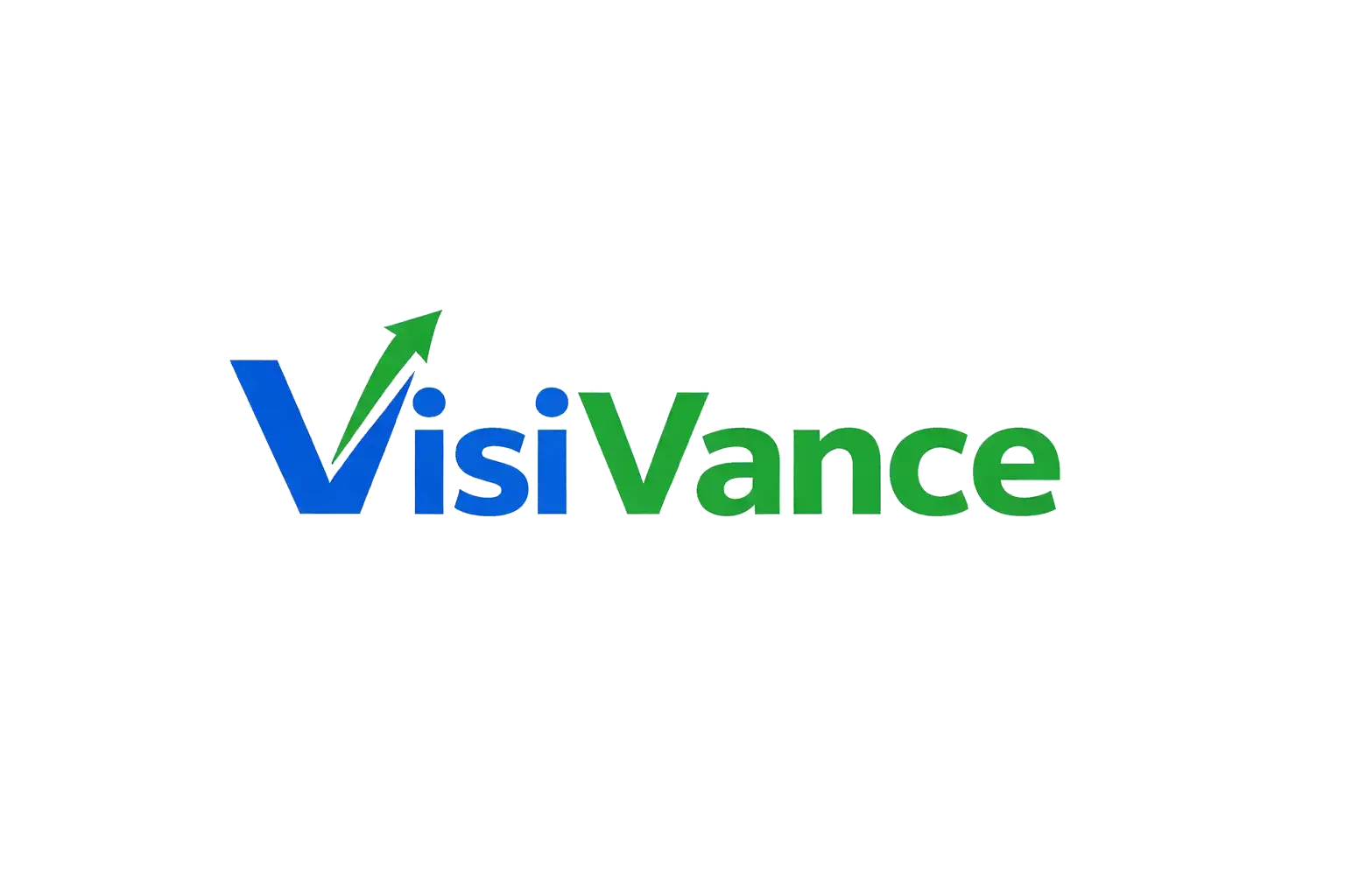 Logo VisiVance avec un ‘V’ bleu stylisé accompagné d’une flèche verte ascendante, suivi du nom en typographie moderne bleu et vert, symbolisant croissance et performance.
